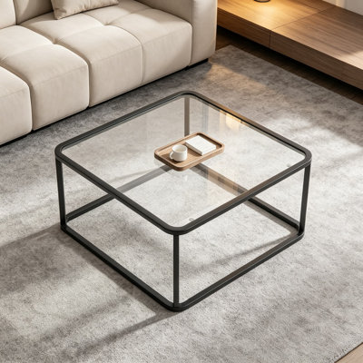 Table basse Minimalist en verre, 26,4 x 26,4 x 15,7 pouces, table centrale carrée en verre trempé avec structure en métal robuste pour salon, bureau ou petit espace