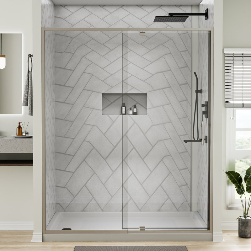 56-60" Wide X 71" High Pivot Semi-Frameless Shower Door With Clear Glass, Brushed Nickel