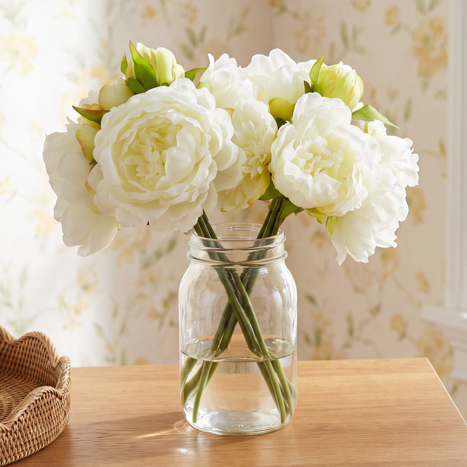 Faux Peony Stems, White