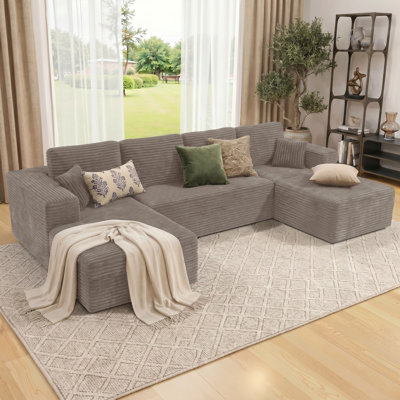 Boneless 134”Sectional Cloud Boneless Sofa Cloud Couch for Living Room, U Shaped Comfy Cordury Couch with Double Lounge Chair, Modern Deep Seat Minimalism Sofa for Home Furniture, No Assembly Required