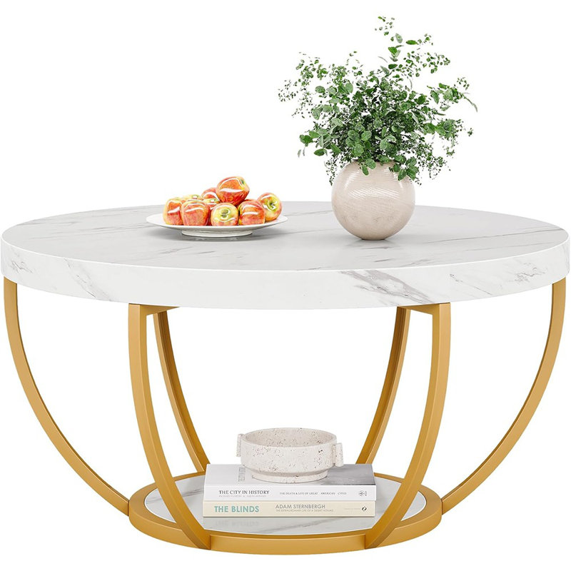 Table basse moderne et ronde, table basse à 2 niveaux avec faux marbre blanc et pieds en métal doré, table d'appoint avec centre de table circulaire pour le salon, blanc et or