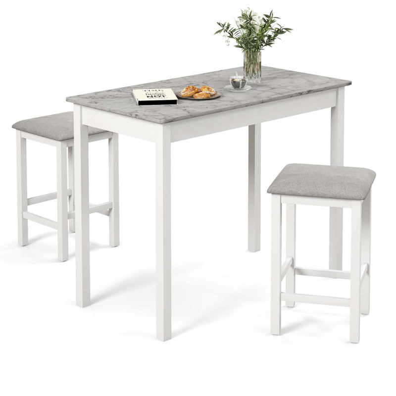 Ebern Designs 3 Pcs Bar Table Set Dining Table & 2 Linen Fabric Padded Bar Stools Faux Marble White