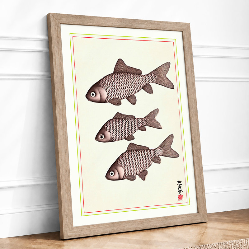 Three Goldfish Study Japandi 1 Piece Single Picture Frame Wall Art, A3 - 42.0 x 29.7 cm, Oak
