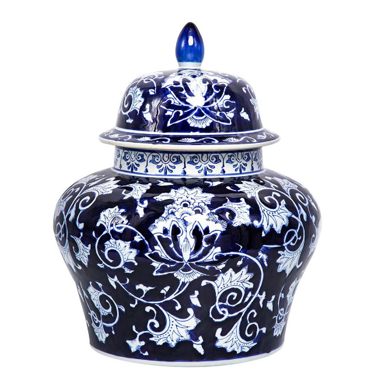 Blue and White Floral Porcelain Ginger Jar with Lid, 17 Inch
