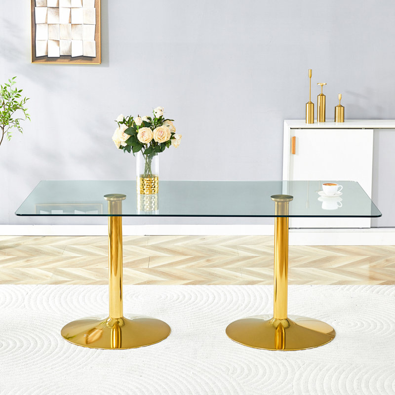 Table de salle à manger moderne en verre minimaliste avec pieds en métal galvanisé, Doré