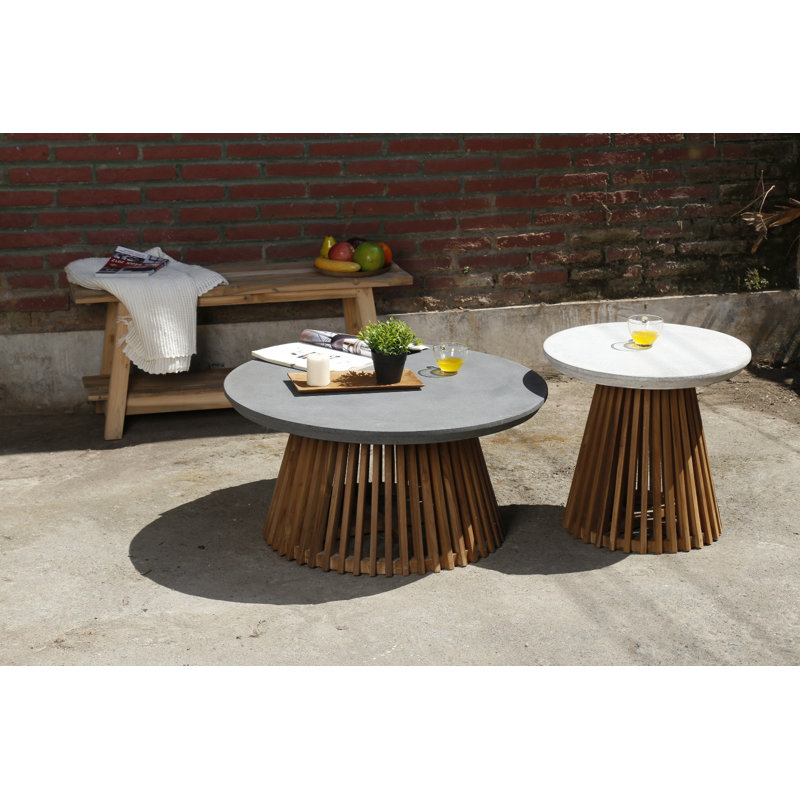 Round Coffee Table With Lava Stone / Grc Top And Teak Base, 18" H x 47" L x 47" W