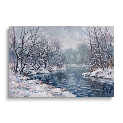 Tableau multicolore sur toile représentant un paysage hivernal enneigé avec une rivière, œuvre d'art murale de style pictural représentant la nature, idéale pour le salon, la salle à manger et la chambre.