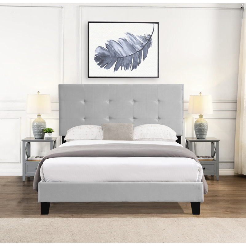 Structure de lit double pleine grandeur, tête de lit grise, support de lattes en bois robuste, sommier sans sommier, assemblage facile, cadre gris compatible avec ressorts de 8 po, poids maximal de 600 lb
