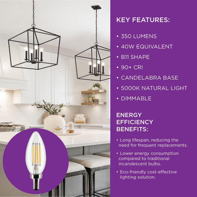 4 Watt B11 LED; Clear; Candelabra Base; 90 CRI; 3000K; 120 Volt, 5000K