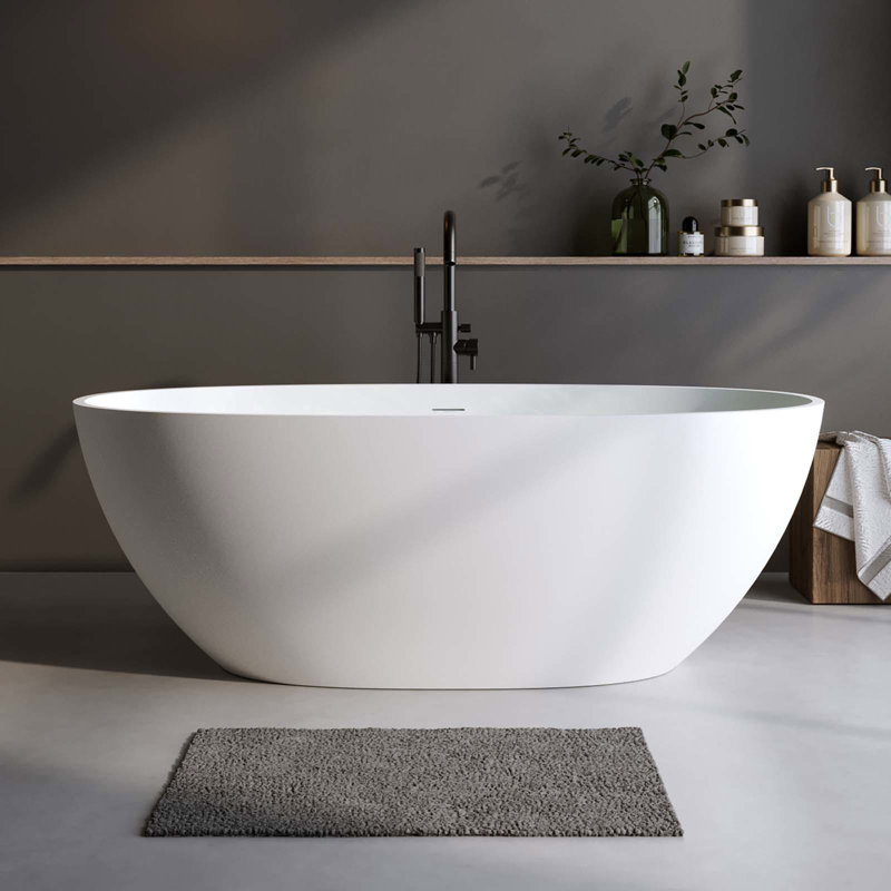 Baignoire autoportante de 71 pouces, baignoire de trempage à surface solide en résine de pierre, baignoire autoportante moderne avec trop-plein et bonde escamotable, blanc pour la salle de bain MAYBoss