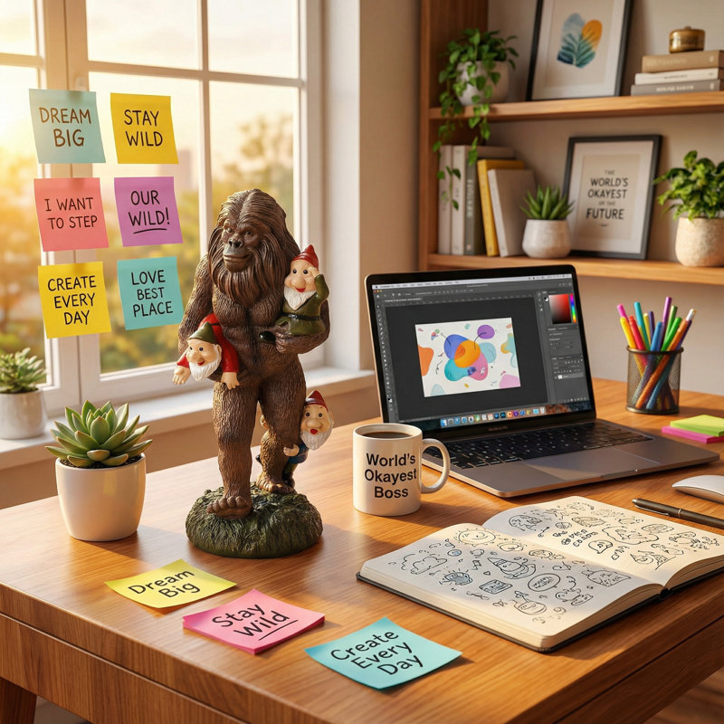 Statue de jardin Bigfoot Sasquatch avec 3 gnomes de jardin, décoration d'extérieur en résine