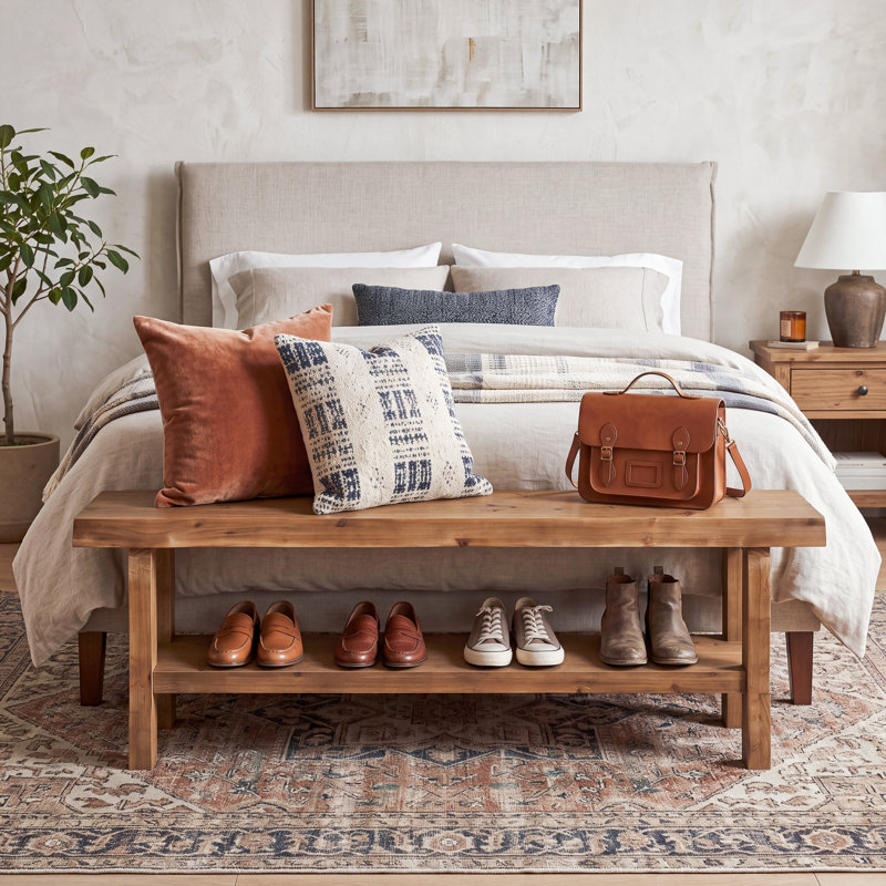 Farmhouse Solid Wood Bedroom Bench, 2-Tier Rustic Bed End Bench With Lower Storage Shelf, Light Brown