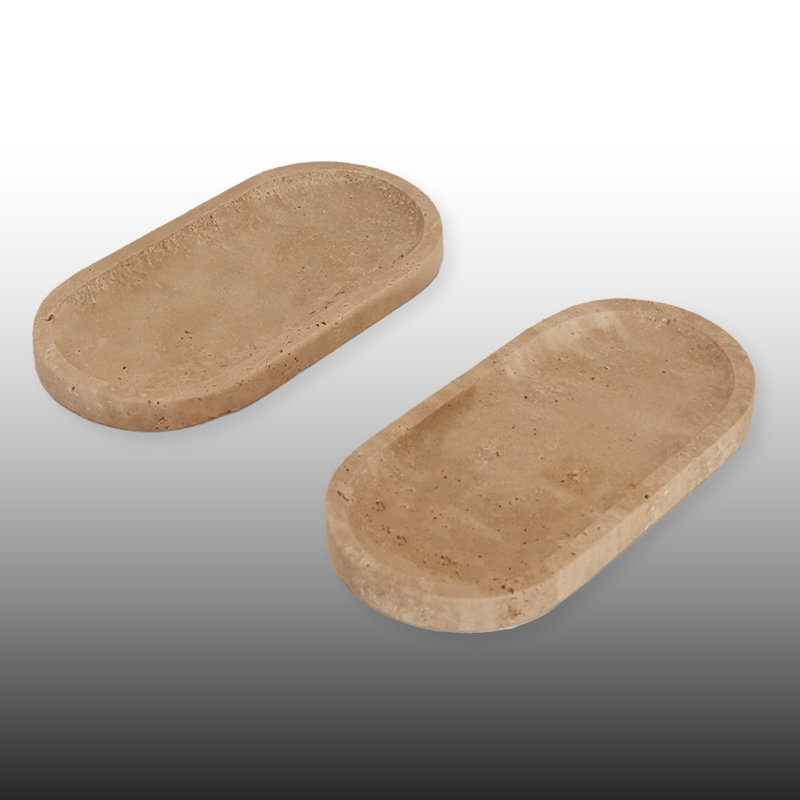 Ensemble de 2 plateaux de salle de bain ovales 100% marbre 2 pièces, Beige