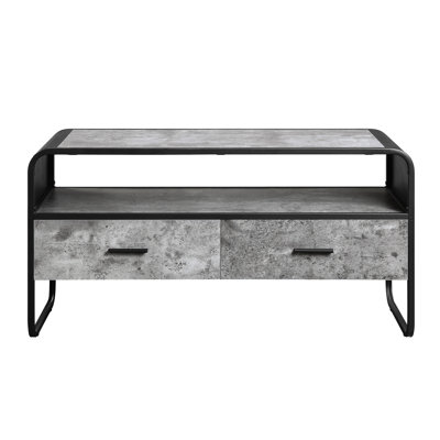 Meuble télé moderne noir avec tiroirs à coulisses latérales gris béton et tablettes, rangement en métal, structure en bois et métal, 39 po de largeur, 42 po de superficie, espace de vie 2 à bords arrondis, hauteur de 22 po, pour
