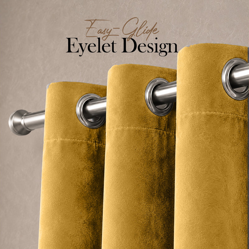 Thermal Velvet Curtains with Eyelet Ring Top - Blackout Crushed Velvet Drapes Pair, Ochre, 228cm Width x 228cm Drop