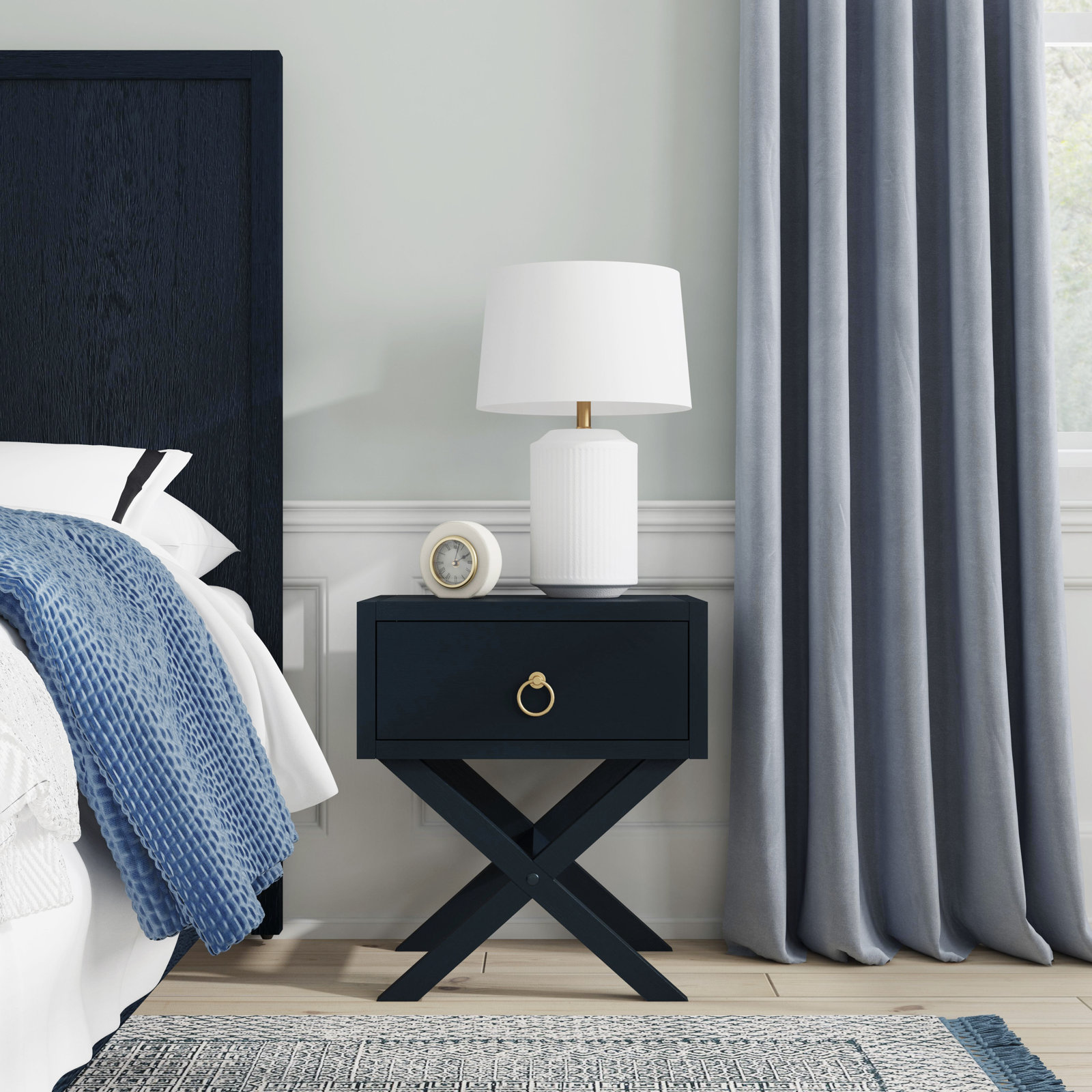 Elin 1-Drawer Acacia Nightstand, Navy Blue