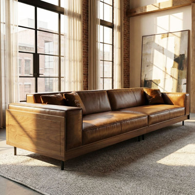 111.81" Modern Mid-Century Sofa With Walnut  Base And Extra Deep Seating - Brown