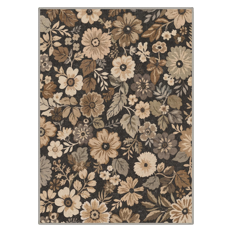 Blossom Vintage Floral Machine Washable Brown Indoor Area Rug with Non-Slip Backing, Rectangle 6' x 9'