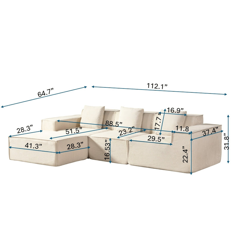 Canapé d'angle en velours côtelé jaune gingembre avec 3 coussins, montage facile, assise confortable comme un nuage, multifonctionnel et modulable, assemblage rapide, agencement spacieux.