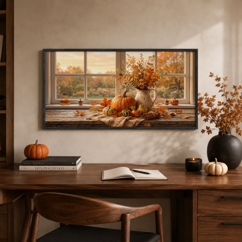 Citrouille orange et fleurs séchées sur toile d'Halloween rustique, 46“W x 24”H