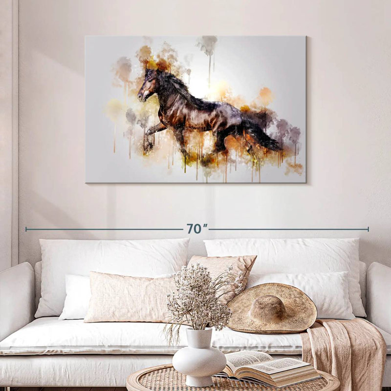 Cheval noir qui court, H 30 po x l 45 po
