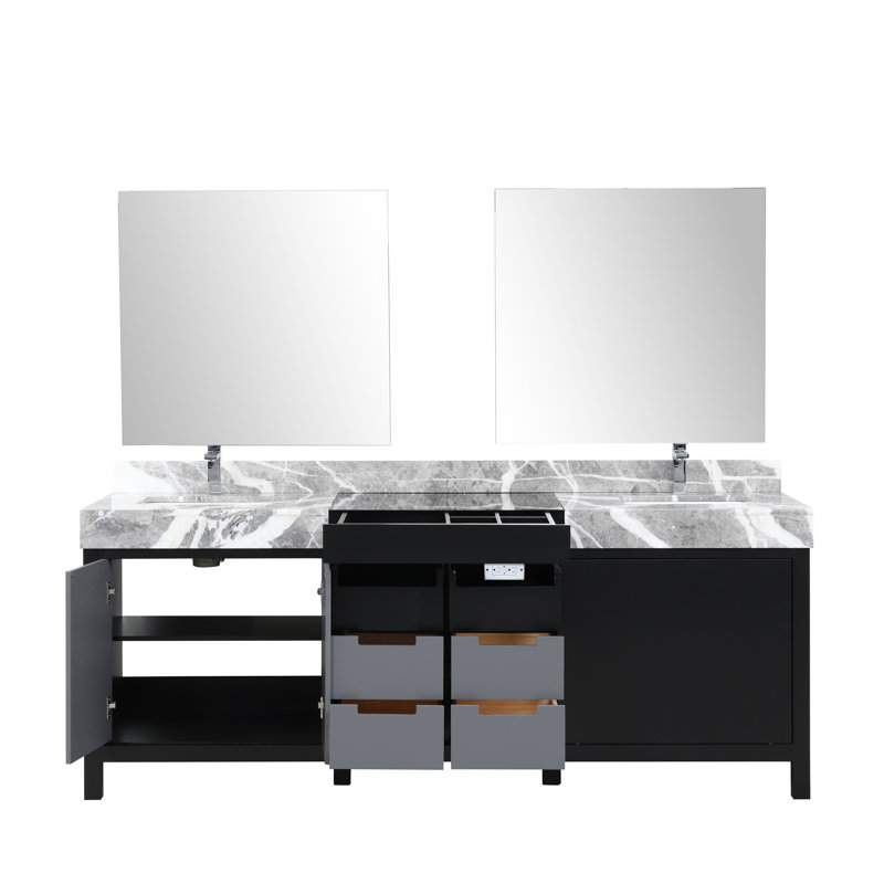 Zilara 84" Double Vanity with Castle Gray Marble Top and Black Faucet