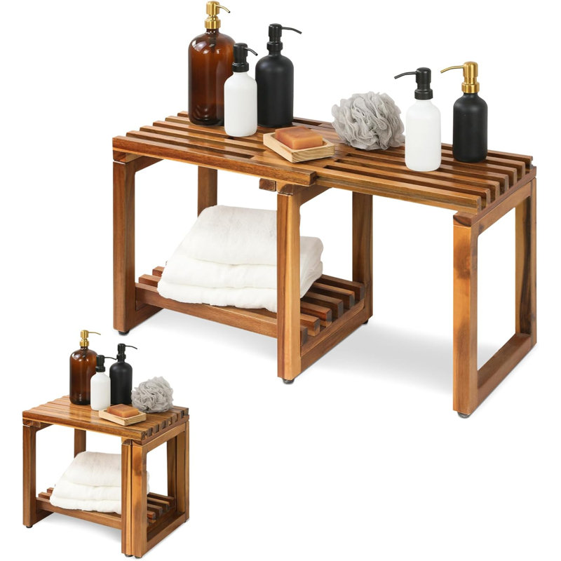 Tabouret de douche réglable de 29 pouces avec tablette de rangement imperméable et pieds de rasage