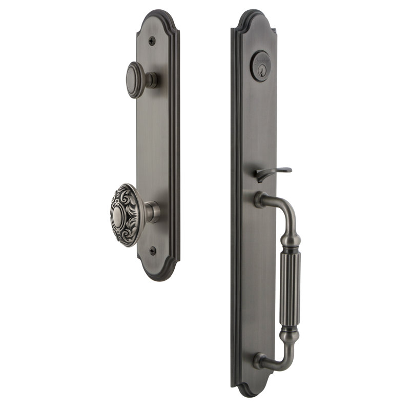 Arc Handleset with Single Cylinder Deadbolt and Grande Victorian Door Knob and Rosette, 2.75", Antique Pewter