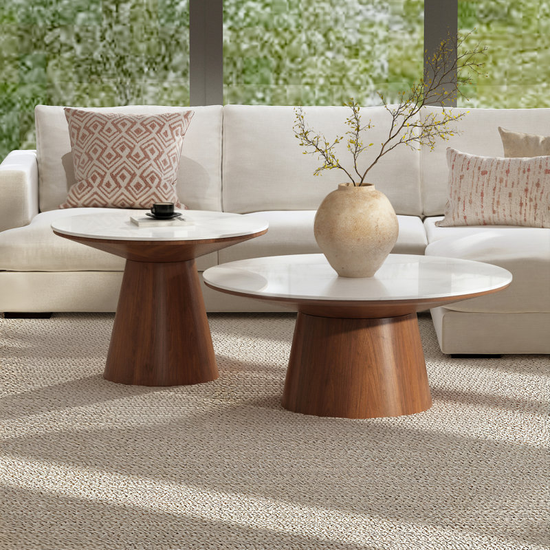 4-Piece Round Sintered Stone Coffee Table Set, Glossy Marble White