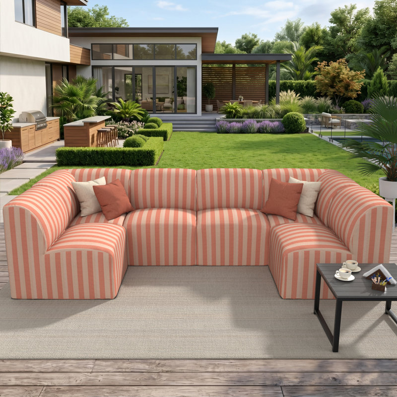 Praia 6-Piece Modular Upholstered U-Shaped Sectional Sofa Set with Sunbrella Cushions, Expressive Blush Striped Sunbrella®