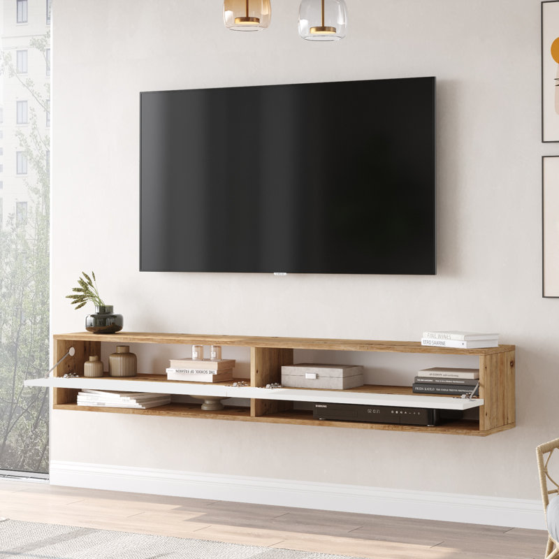 Future Tv Unit Uv Print Oak Color Floating Entertainment Center Console With Storage Shelves & Doors