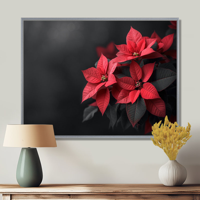 Rendez-vous romantique rouge et noir poinsettias - Décoration murale poinsettias, Toile argentée avec cadre flottant