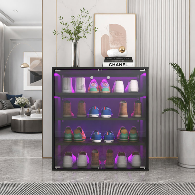 Boîte de rangement empilable pour chaussures en bois avec éclairage à DEL RVB et porte en verre pour présentation de chaussures, organisateur à 4 niveaux