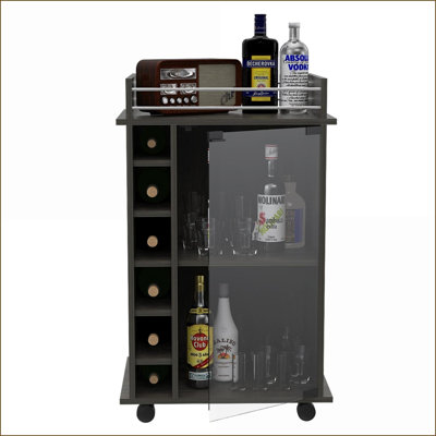 Dukat Bar Cart: Glass Door Cabinet, 2 Shelves, 6 Wine Cubbies, Metal Rail, Locking Casters - Dark Brown | Modern | Medium (40-55in)