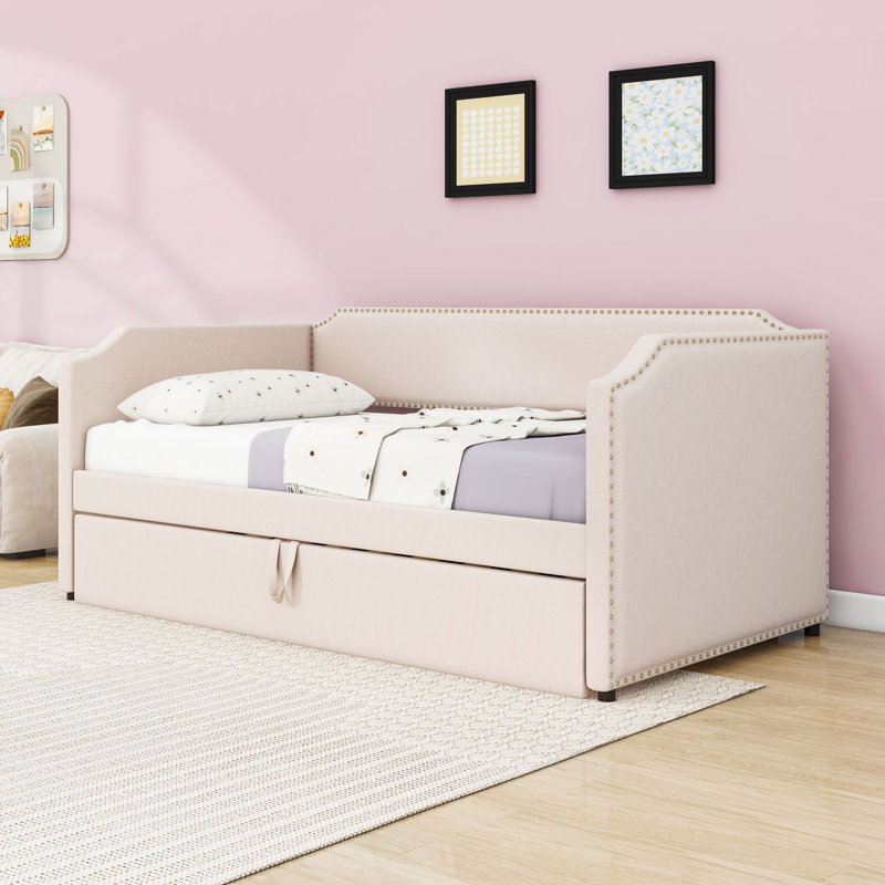 Twin Upholstered Daybed with Pop Up Trundle, Beige