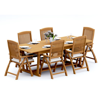 9 Pcs Grade-A Teak Wood Dining Set: 94" Double Extension Mas Rectangle Trestle Leg  Table And 8 Marley Folding Reclining Arm Chairs #11MR2108