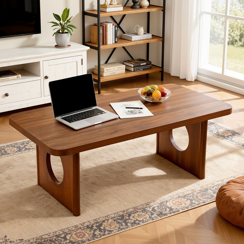 Table basse 47,2 po avec pieds évidés en pin massif et coins arrondis, Noyer
