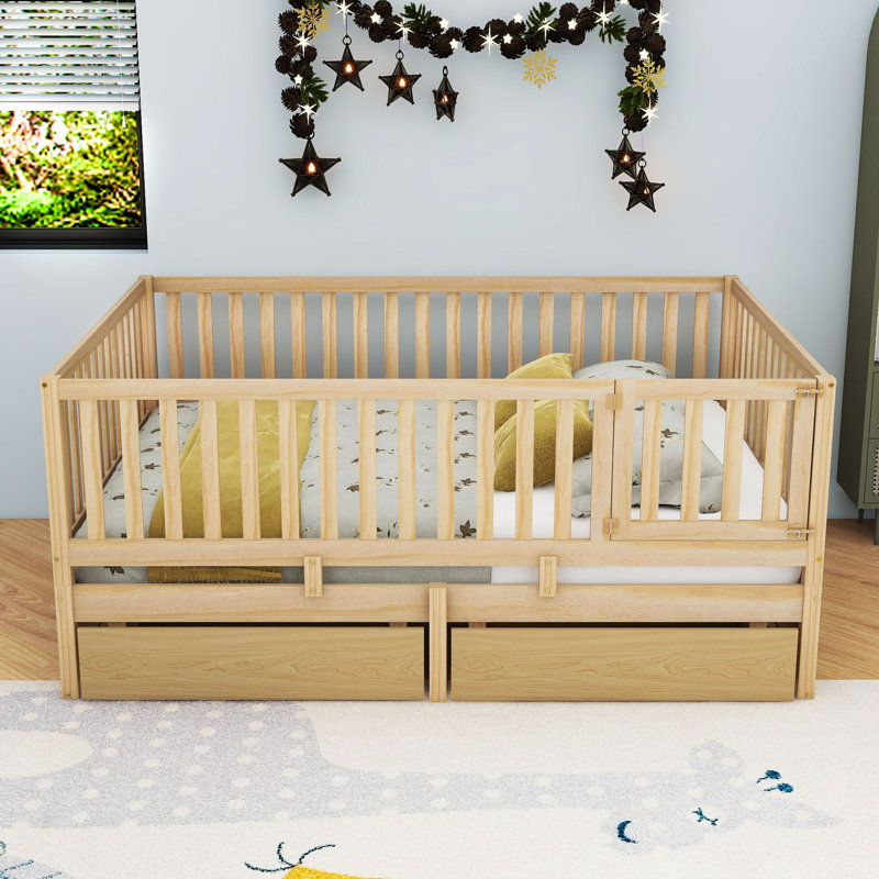 Wooden Daybed with Safety Guardrails and Convertible Split Design, Natural, Full/Double
