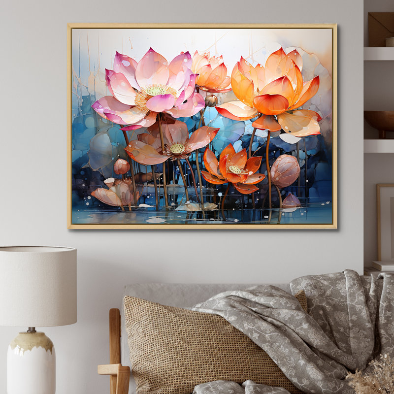 Fleurs de lotus fauves - reproduction sur toile, Cadre naturel flottant, H 24 po x l 32 po