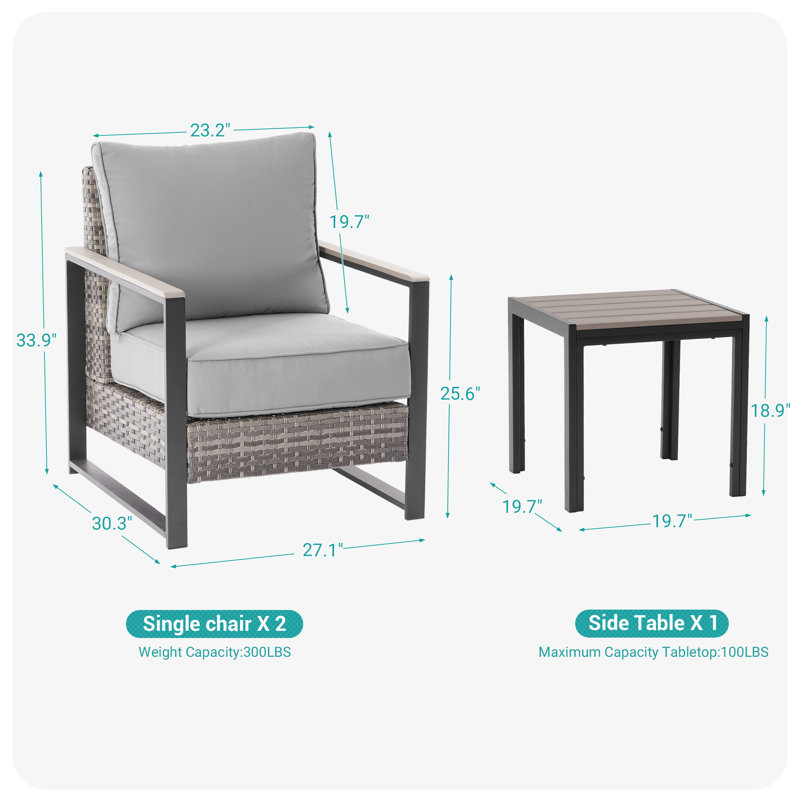 Ensemble de patio, chaises et table d'appoint 3 pièces, Gris