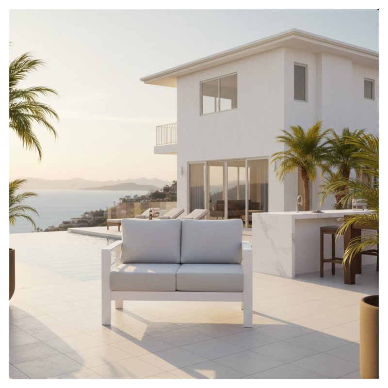 Causeuse de terrasse en aluminium toutes saisons de 50 po avec coussins en oléfine, canapé d'extérieur blanc et gris