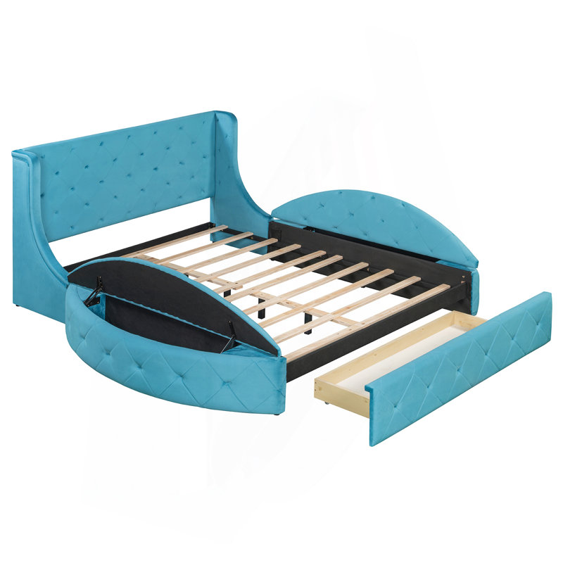 Lit plateforme capitonné avec rangement, Bleu