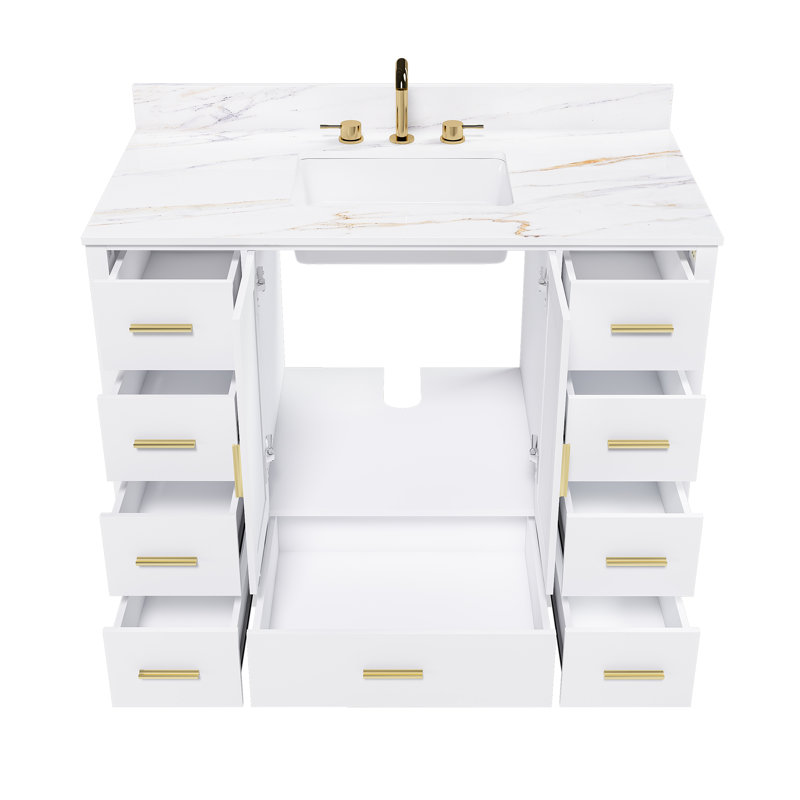 Ensemble de meuble-lavabo moderne en bois massif avec portes à fermeture douce et lavabo en pierre frittée