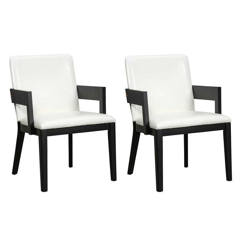 Modern Wood & White Glossy PU Leather Upholstered Dining Chairs Set Of 2, Black 