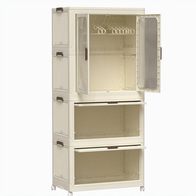 Portable wardrobe storage organizer, clothing dresser, with 4 compartments and a magnetic door with a rod, 10 hooks, baby wardrobe storage cabinet, white