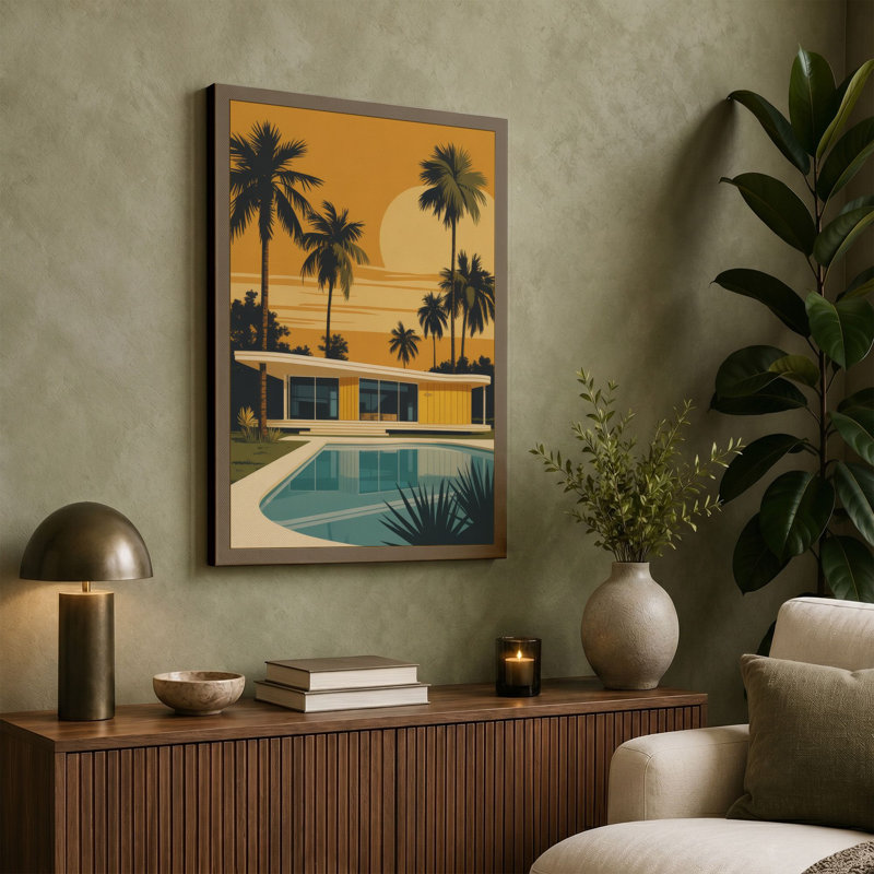 Midcentury Pool House Mid-Century - Wrapped Canvas, 30x20 - 76.2 x 50.8 cm, Teal Border