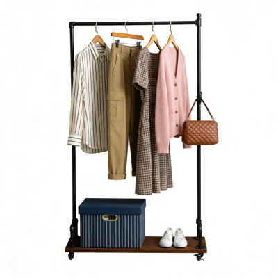 Portemanteau industriel à vêtements avec roulettes, portemanteau à roulettes avec tablette en bois, portemanteau à vêtements autoportant pour suspendre les vêtements, portemanteau d'entrée avec tablette de rangement (noir et brun)