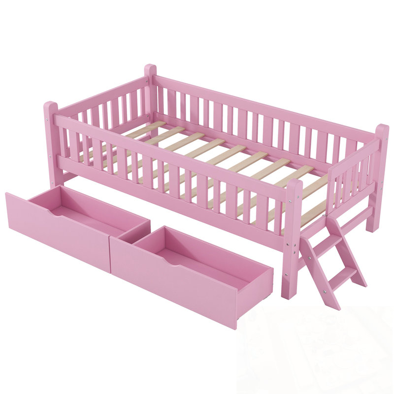 Lit plateforme en bois avec garde-corps et 2 tiroirs, Rose