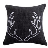Hamilton Charcoal Gray Embroidered Antlers Traditional Urban Rustic 18x18 inch Throw Pillow