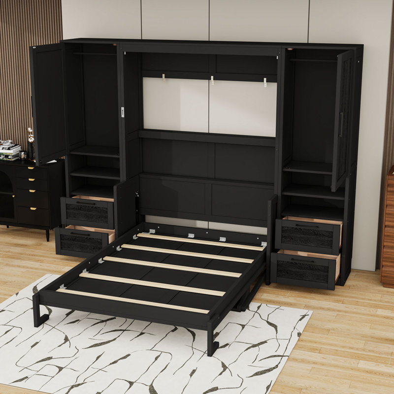 Grand lit escamotable en bois avec tiroirs, tablettes et garde-robe